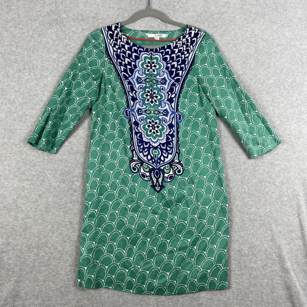 Boden Silk Blend Shift Dress Womens 4R Green Blue Medallion Resort Preppy